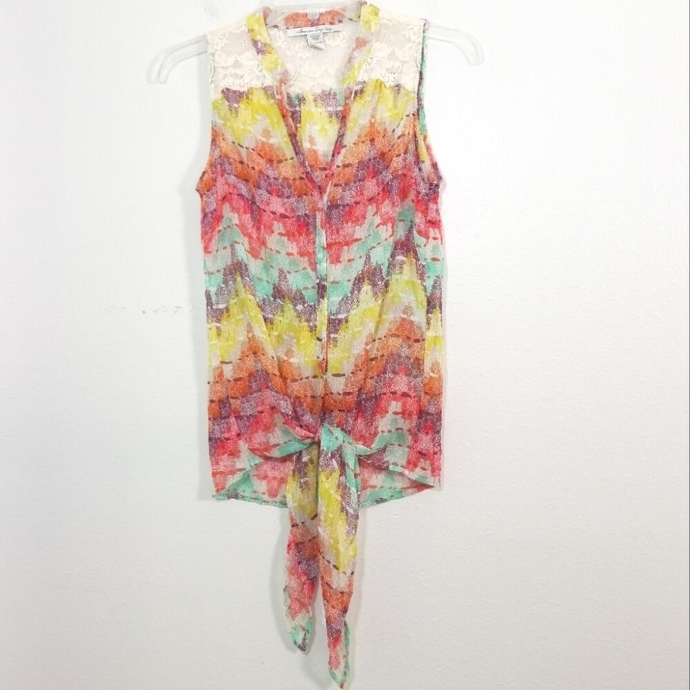 American Rag lace Chevron tie front tank top S